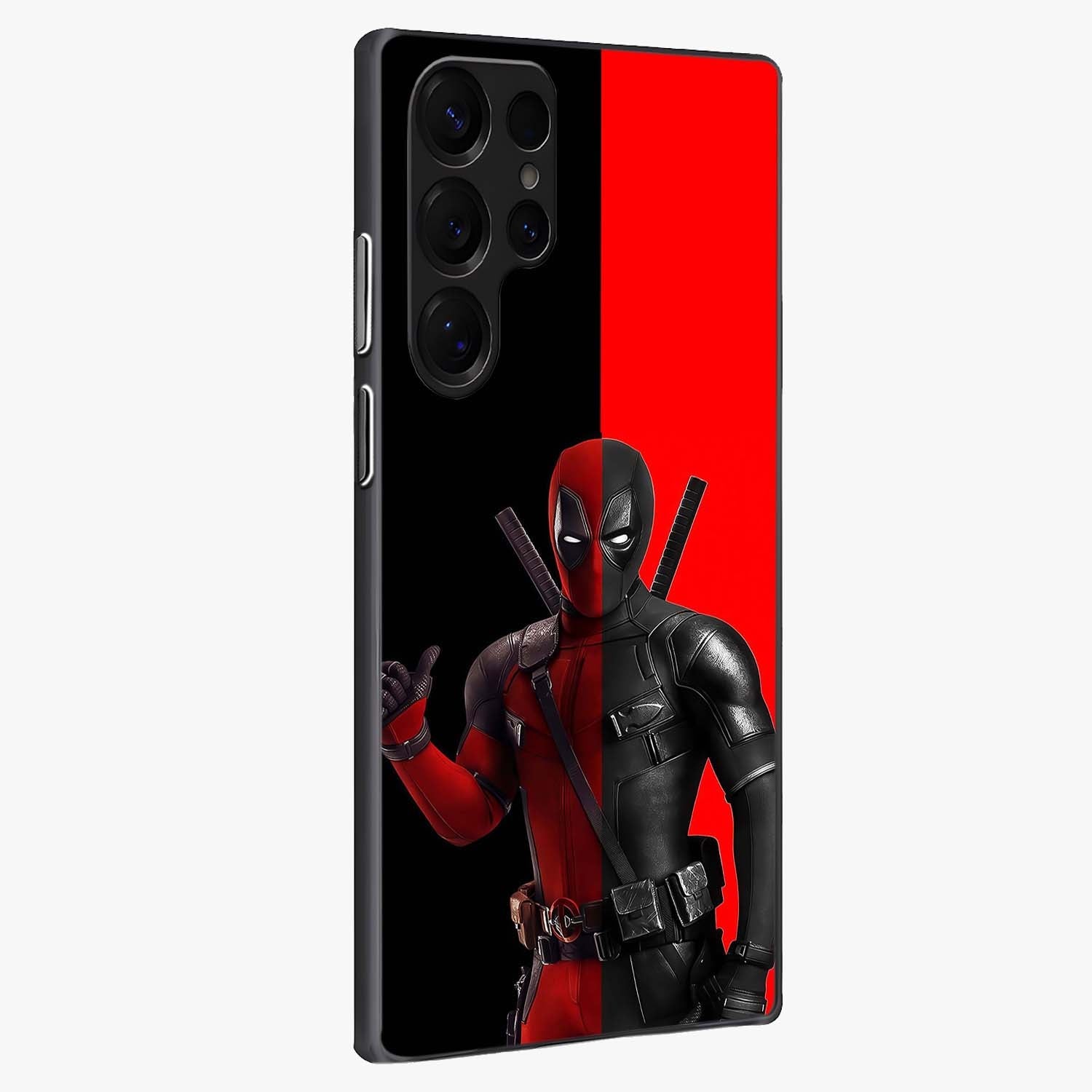 Red & Black Deadpool Theme Glass Case upright view showcasing energetic comic themed artwork with striking red and black design.