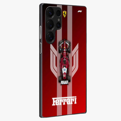Red Ferrari F1 Vertical Glass Case upright view showcasing powerful Formula car artwork with dynamic motorsport theme.