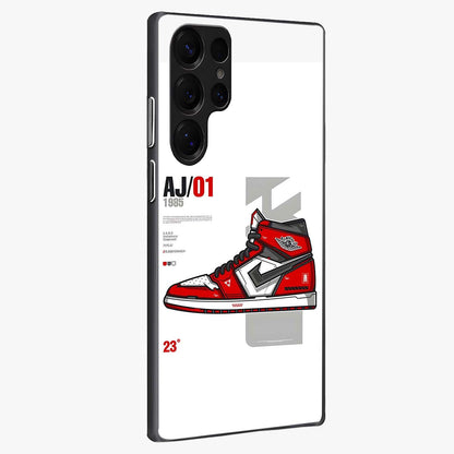 Retro Sneaker Blueprint Glass Case upright view showcasing stylish sneaker illustration with vintage streetwear theme.