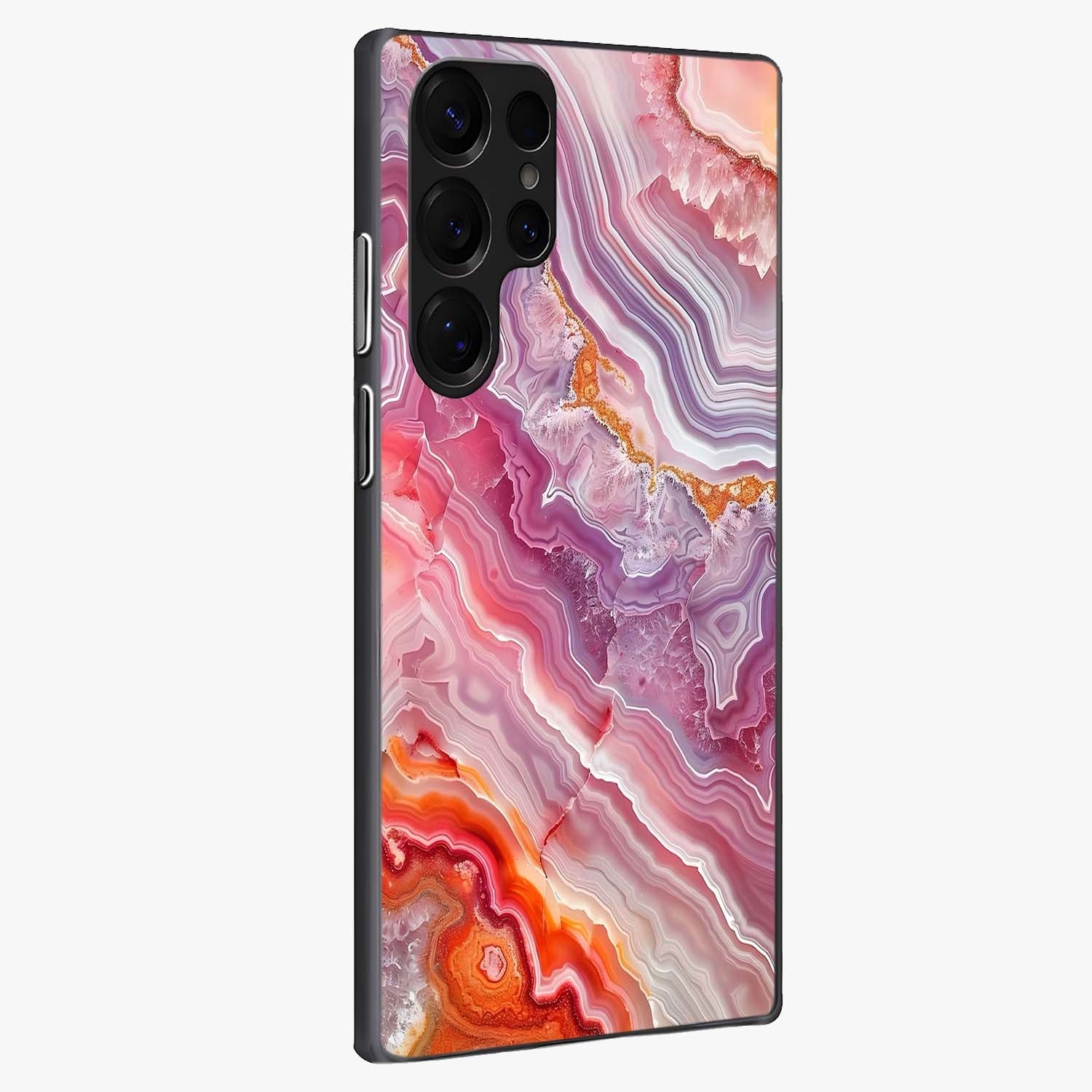 Rose Quartz Marble Glass Case upright view showcasing decorative marble artwork with luxurious pastel theme.