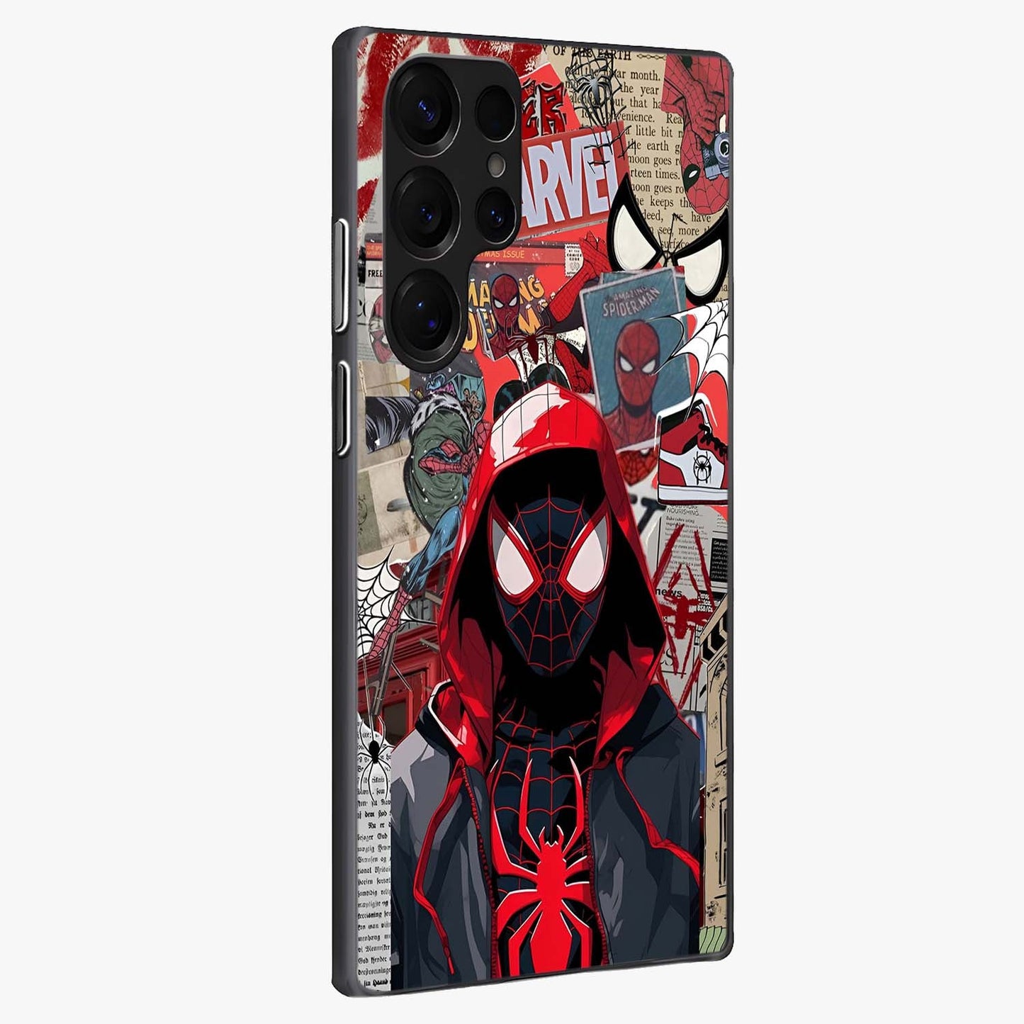 Spider Collage Street Glass Case upright view showcasing bold superhero artwork with urban street theme.