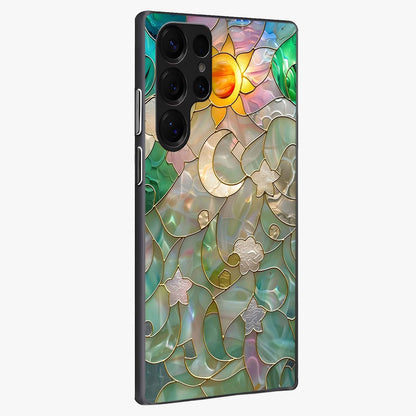 Stained Sunrise Glow Glass Case upright view showcasing colorful sunrise artwork with warm morning theme.