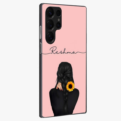 Sunflower Braid Beauty With Custom Name Glass Case upright view showcasing bright sunflower artwork with personalized floral aesthetic.