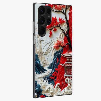 Whispers Of Sakura Waves Glass Case upright view showcasing delicate cherry blossom artwork with elegant nature theme.