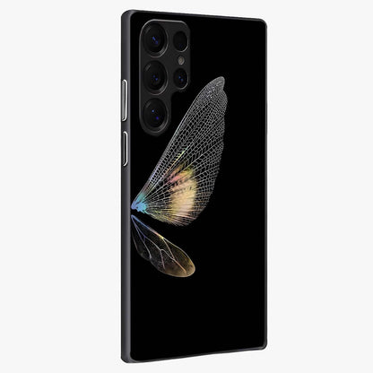 Whispers Of Wings Glass Case upright view showcasing elegant wing artwork with light airy theme.