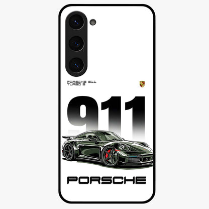 911 Turbo Dominance Glass Case showing clean flat back view with bold 911 sports car artwork and glossy glass finish.