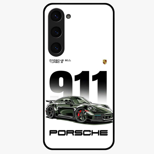 911 Turbo Dominance Glass Case showing clean flat back view with bold 911 sports car artwork and glossy glass finish.