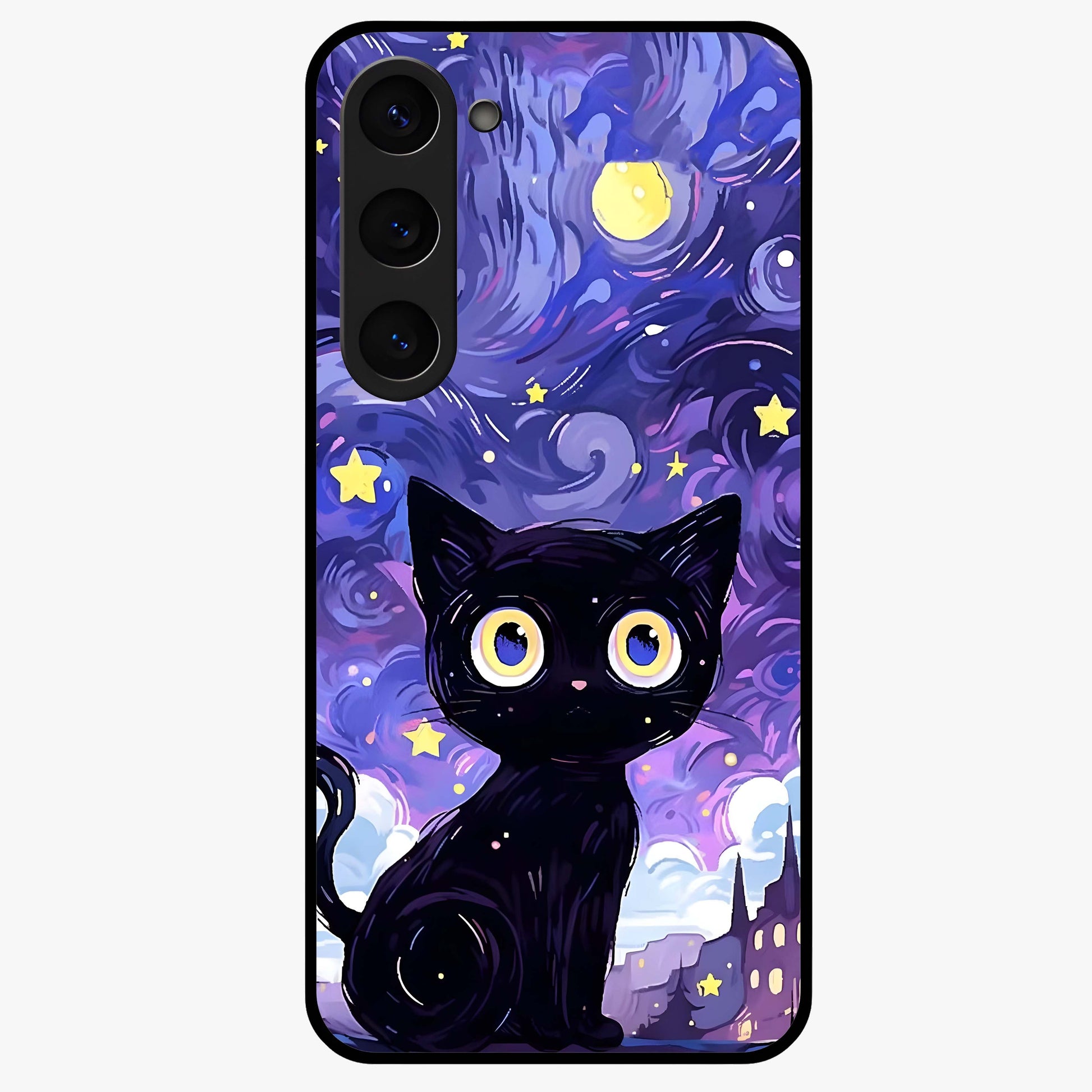 Abstract Cat Art Glass Case showing flat back view with artistic cat illustration and glossy glass finish.