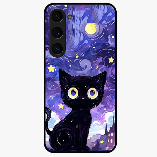 Abstract Cat Art Glass Case showing flat back view with artistic cat illustration and glossy glass finish.