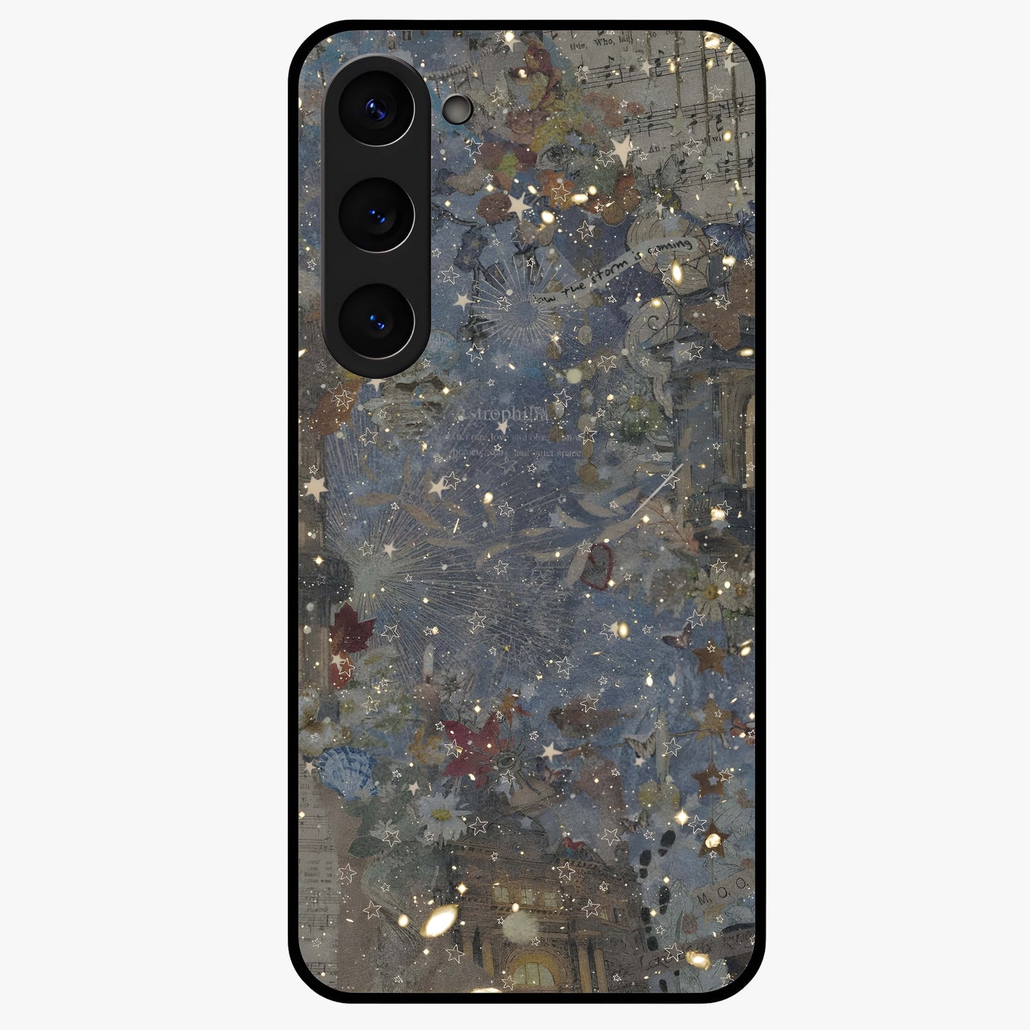Aesthetic Astrolophia Glass Case showing flat back view with dreamy aesthetic design and glossy glass finish.