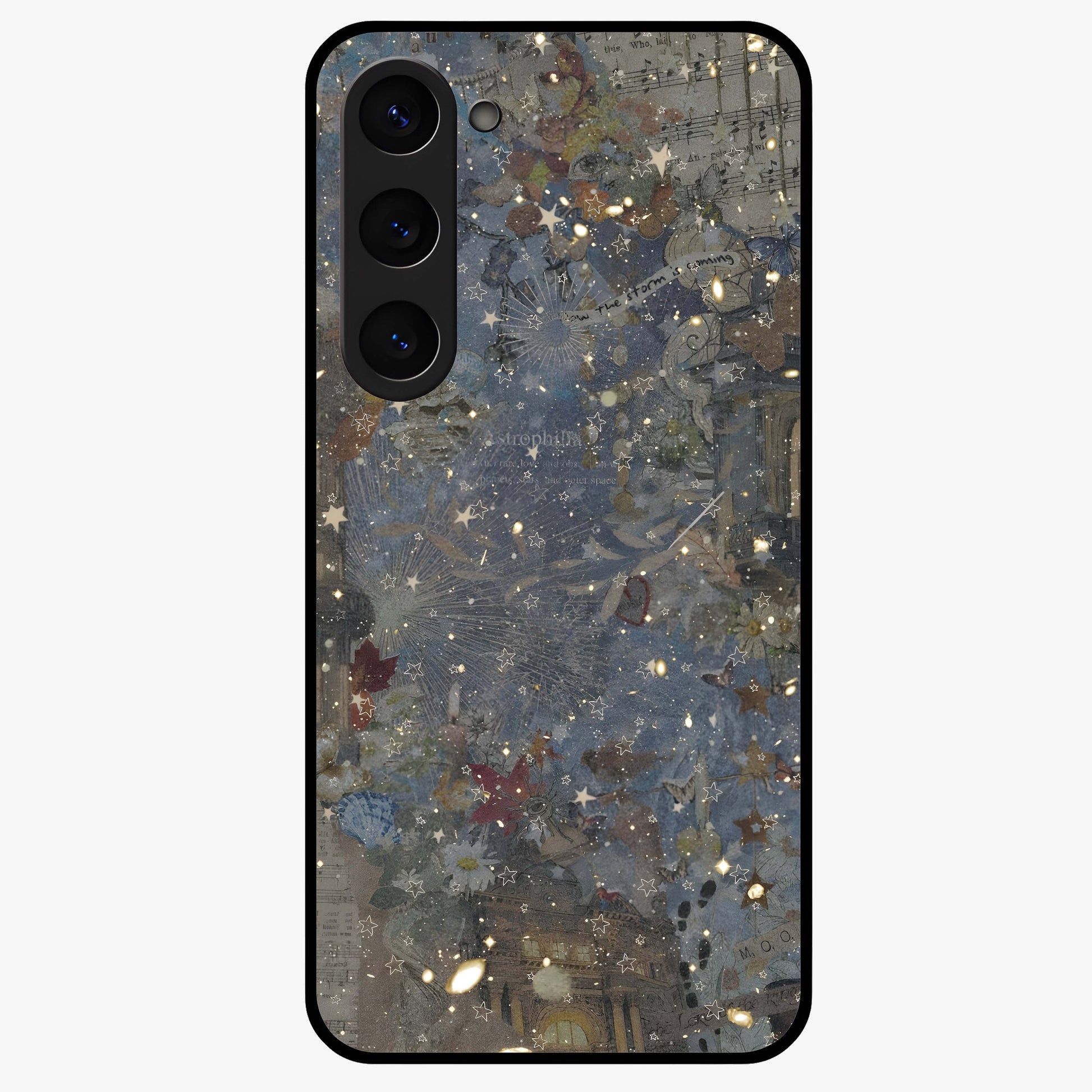 Aesthetic Astrolophia Glass Case showing flat back view with dreamy aesthetic design and glossy glass finish.
