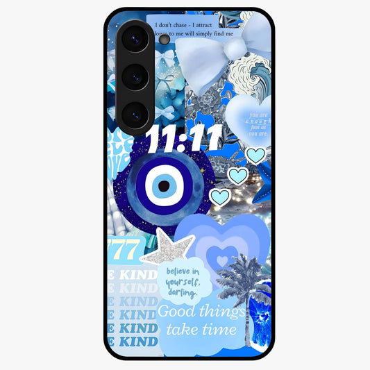 Aesthetic Be Kind Eye Glass Case showing flat back view with motivational eye artwork and glossy glass finish.