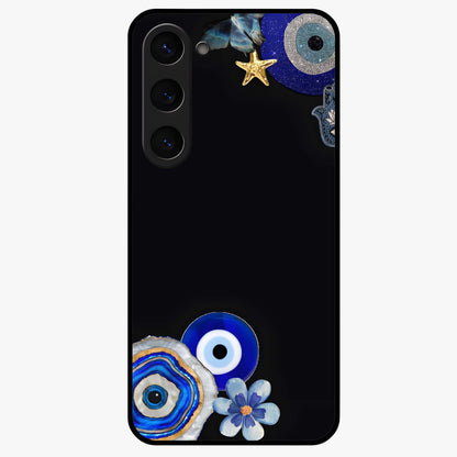 Aesthetic Blue Evil Eye Glass Case showing flat back view with protective evil eye artwork and glossy glass finish.