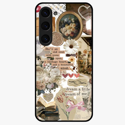 Aesthetic Brown Vintage Collage Glass Case showing flat back view with retro collage artwork and glossy glass finish.