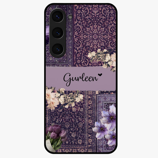Antique Floral Whisper Custom Name Glass Case showing flat back view with vintage floral artwork and personalized name design.