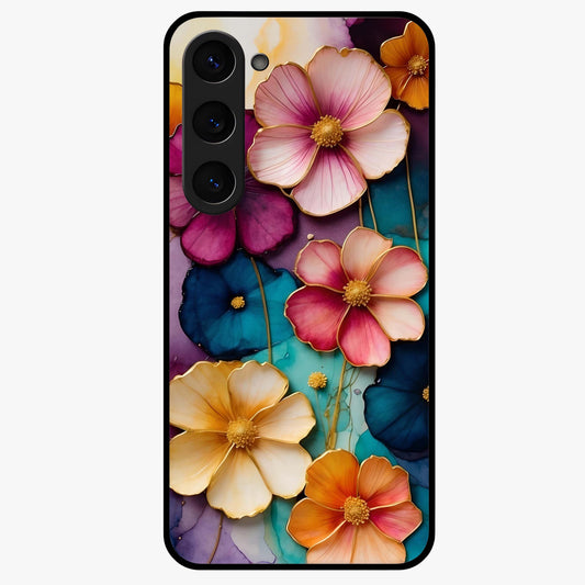 Artlyn Grace Flower Pattern Glass Case showing flat back view with elegant floral pattern artwork and glossy glass finish.
