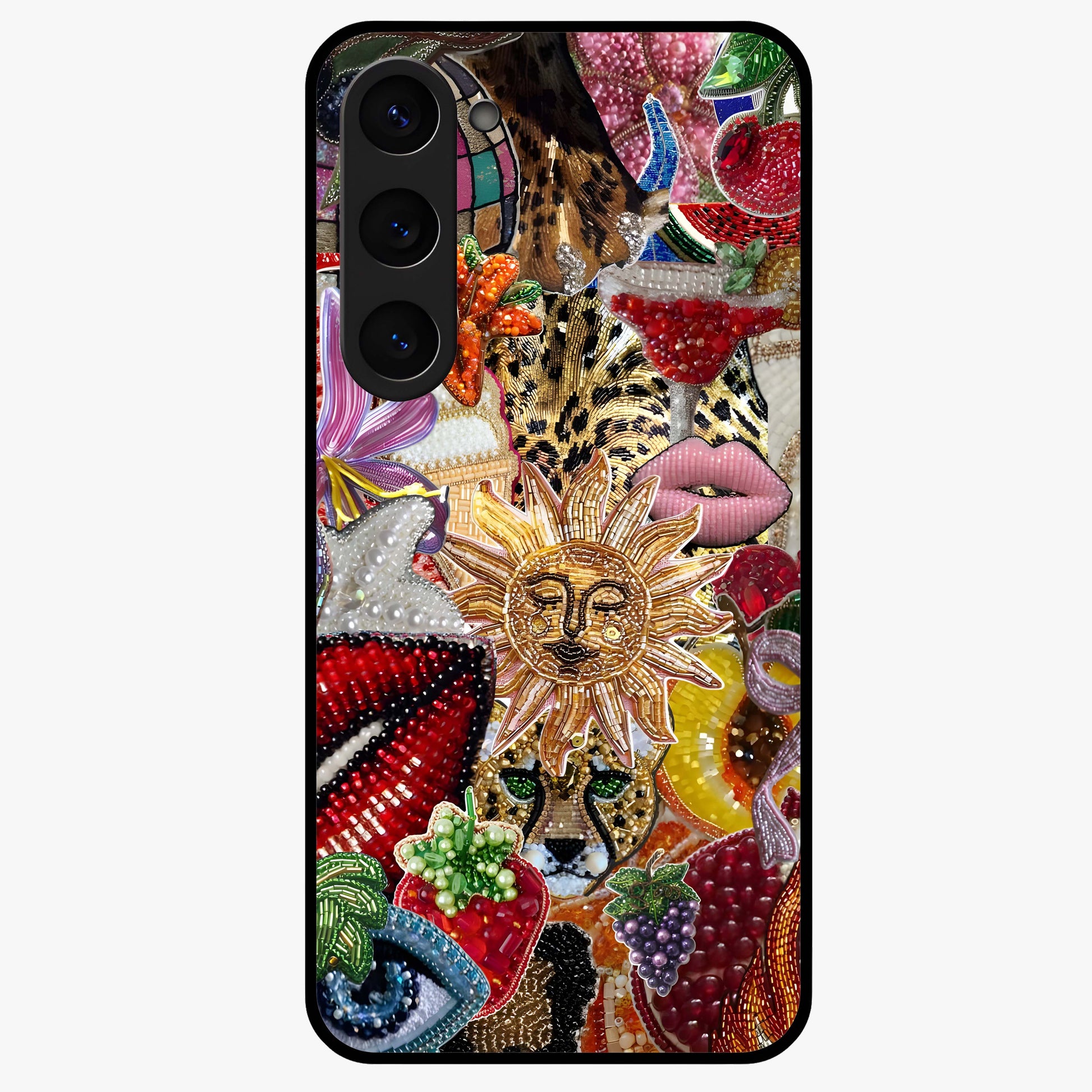 Beaded Fashion Jungle Glass Case showing flat back view with vibrant jungle inspired bead artwork and glossy glass finish.