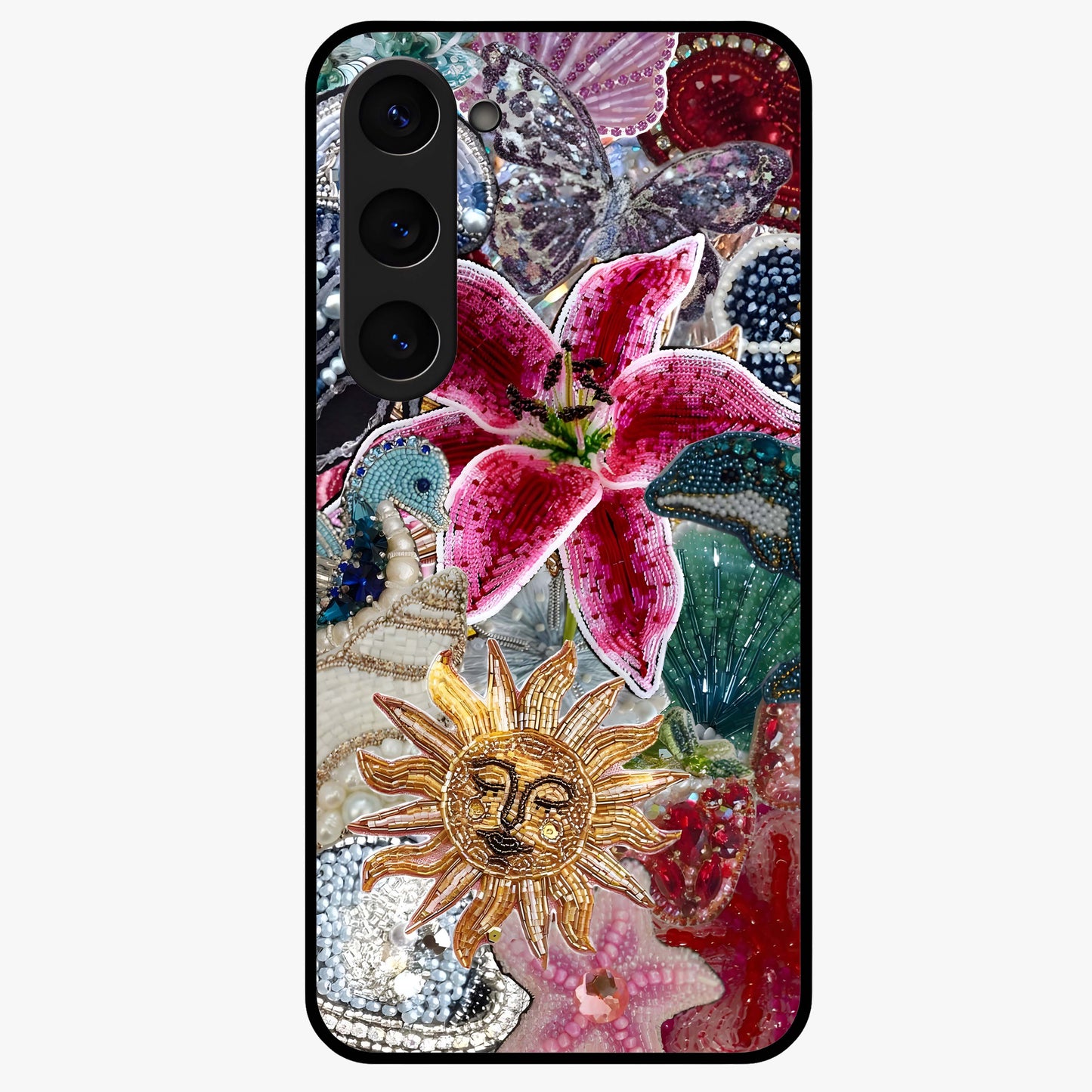 Beaded Garden Fantasy Glass Case showing flat back view with dreamy garden bead artwork and glossy glass finish.
