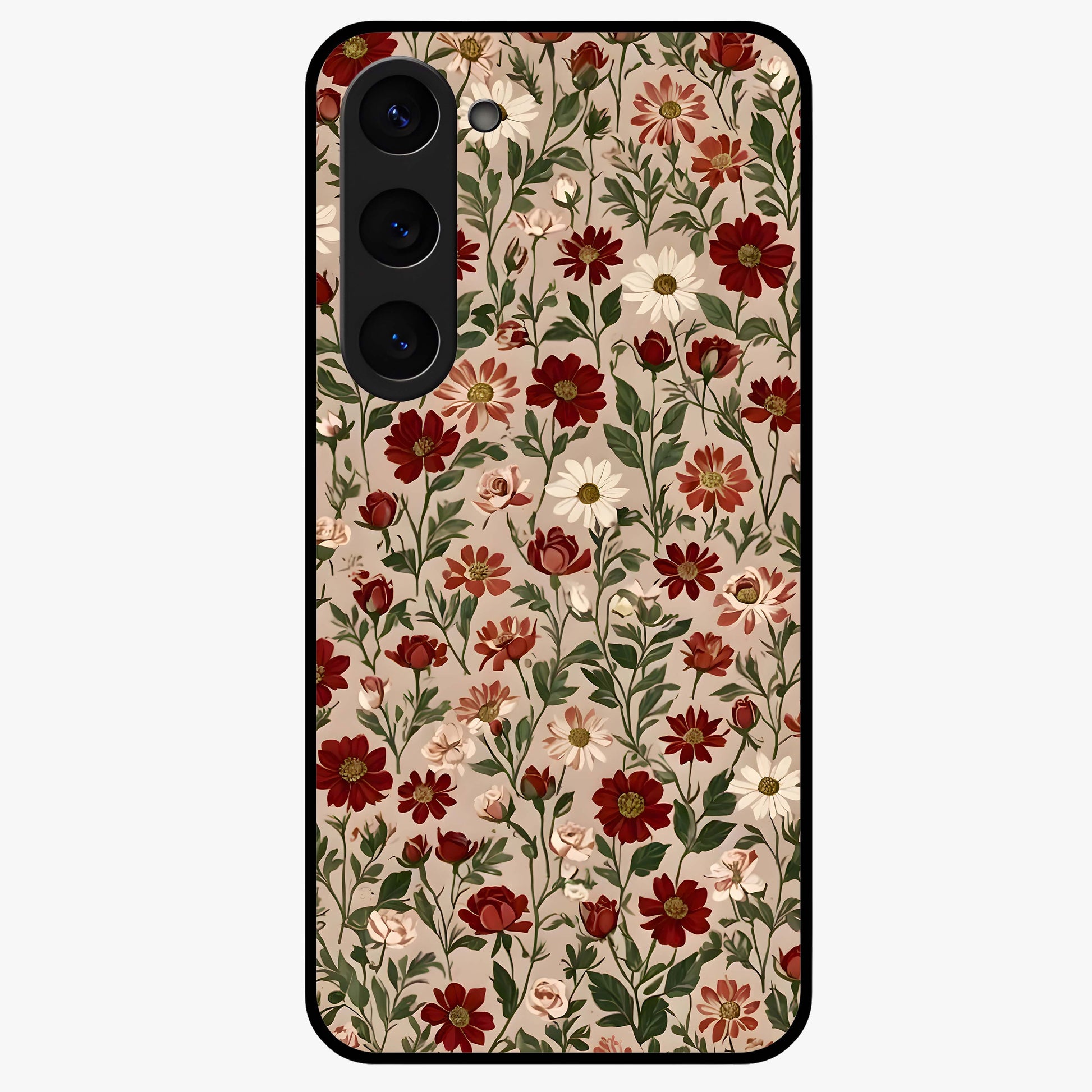 Biege Flower With Leaf Glass Case showing flat back view with soft beige floral artwork and glossy glass finish.