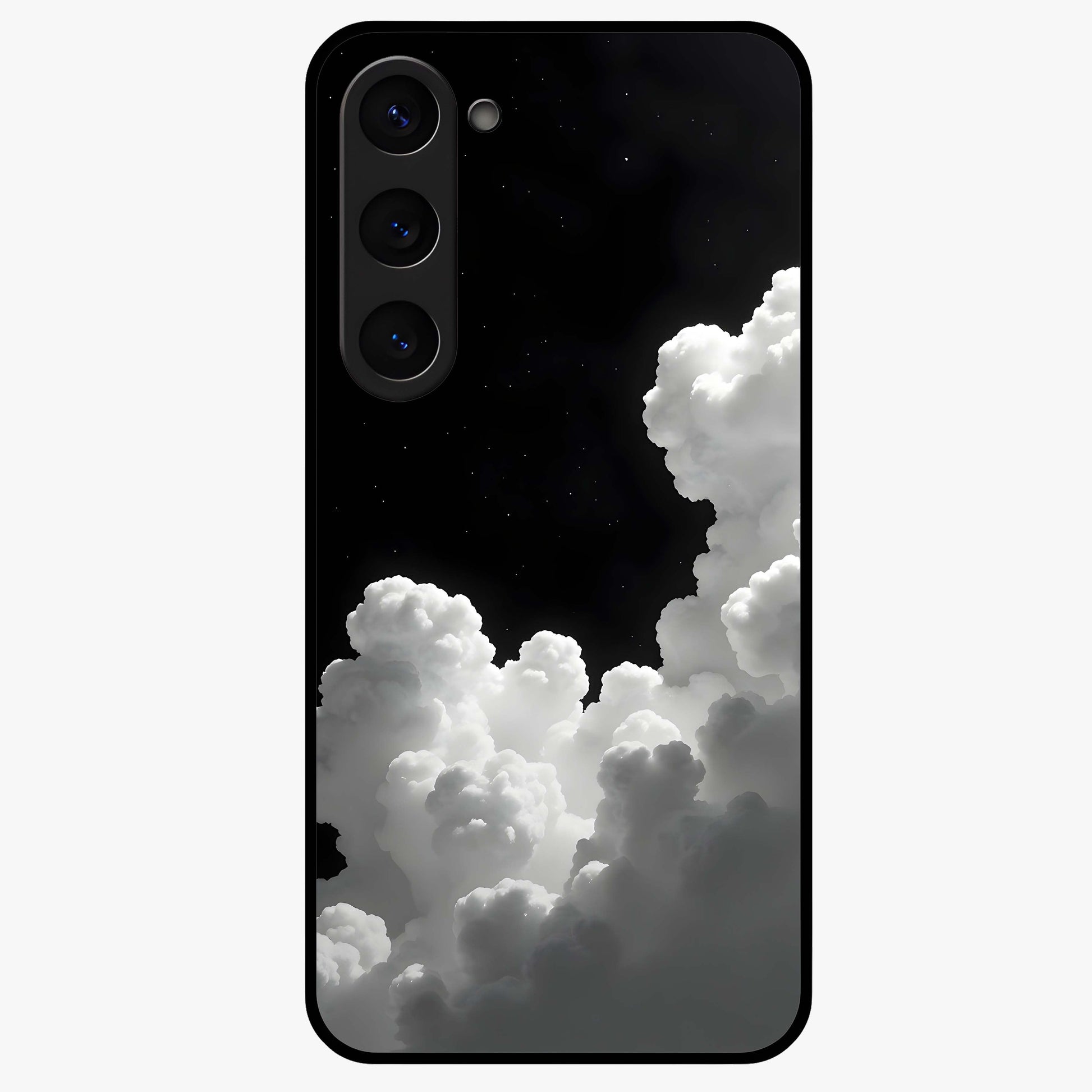 Black Background With White Cloud Glass Case showing flat back view with minimal cloud artwork on dark background and glossy glass finish.