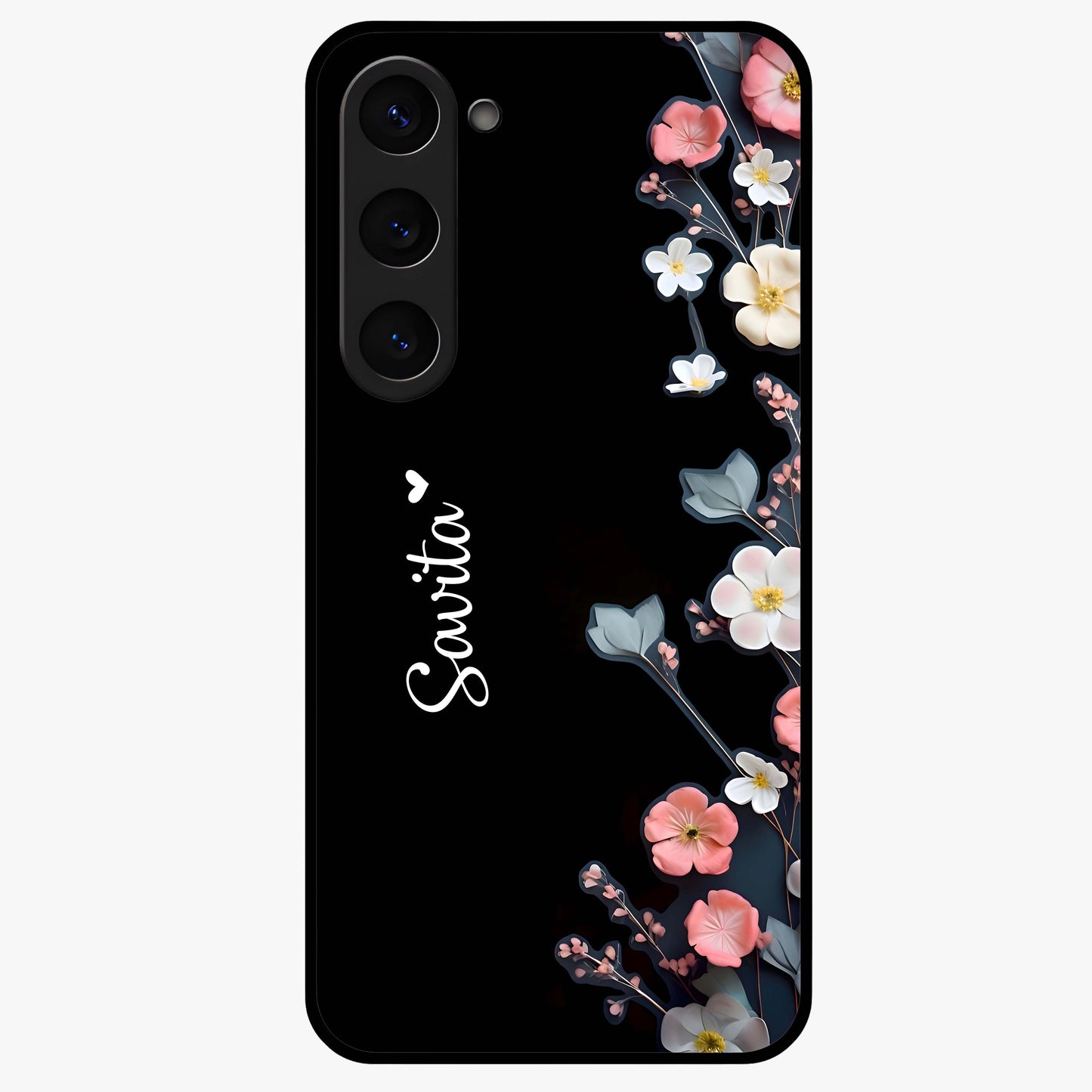 Black Elegance Floral Custom Name Glass Case showing flat back view with elegant floral artwork and personalized name design.