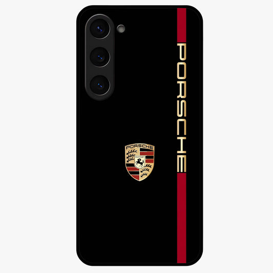 Black Minimal Porsche Glass Case showing flat back view with sleek minimal sports car artwork and glossy glass finish.