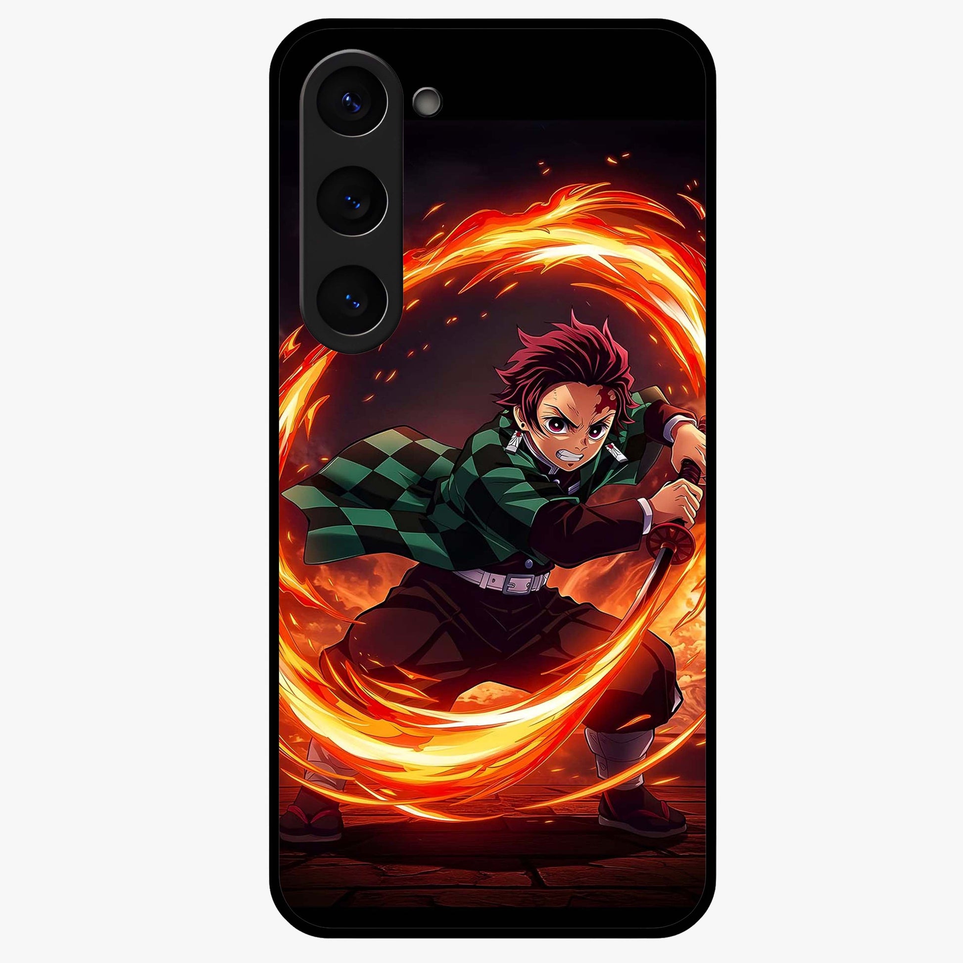 Blazing Sword Resolve Glass Case showing flat back view with fiery sword artwork and glossy glass finish.