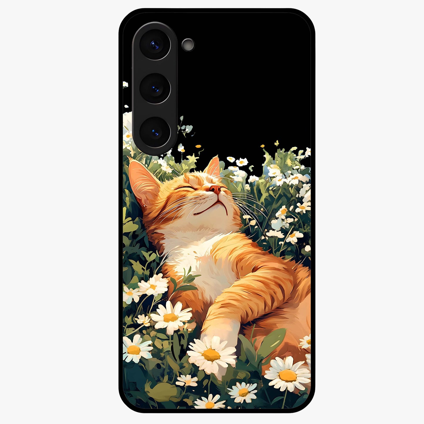 Blissful Bloom Cat Glass Case showing flat back view with cute cat and floral bloom artwork and glossy glass finish.