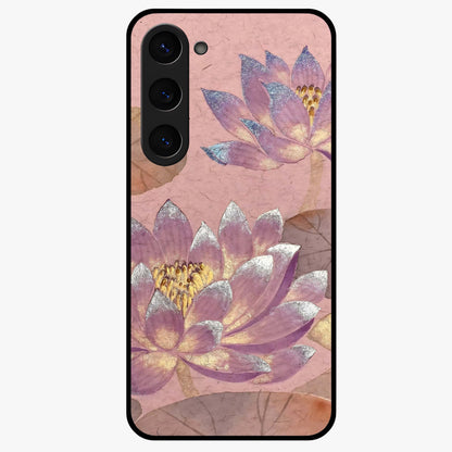 Blossom Mist Lotus Glass Case showing flat back view with serene lotus blossom artwork and glossy glass finish.