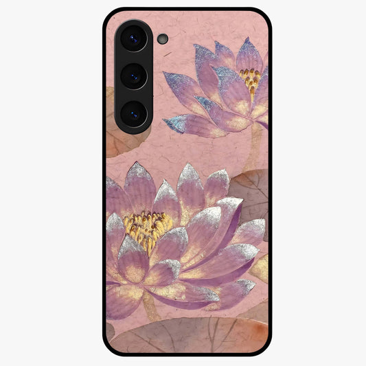Blossom Mist Lotus Glass Case showing flat back view with serene lotus blossom artwork and glossy glass finish.