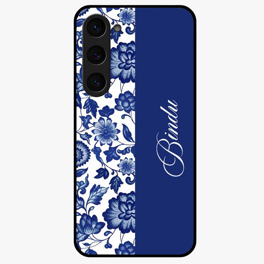 Blue Vintage Floral Pattern Glass Case upright view showcasing timeless floral illustration with vintage inspired style.