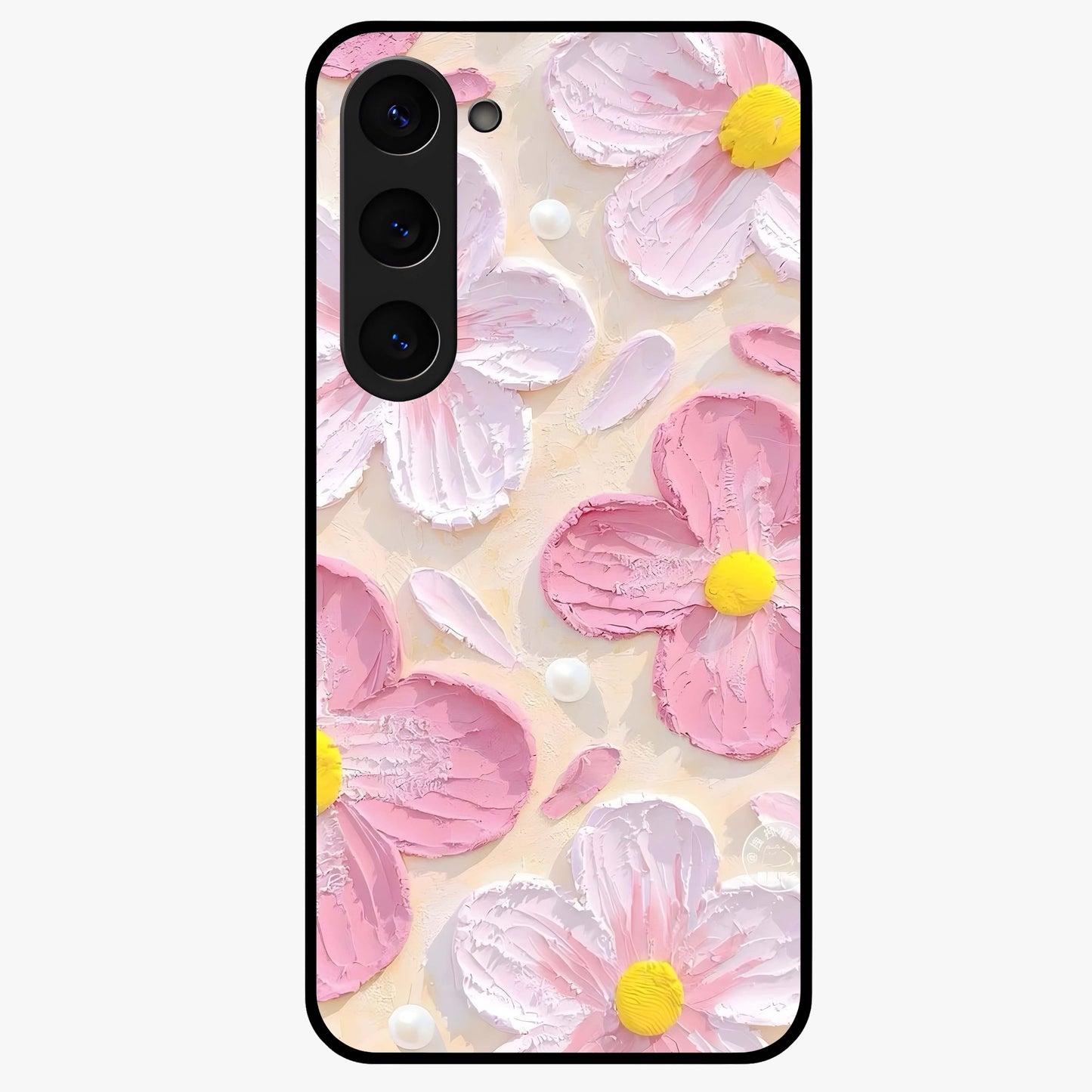 Blush Bloom Texture Glass Case showing flat back view with soft blush floral texture artwork and glossy glass finish.