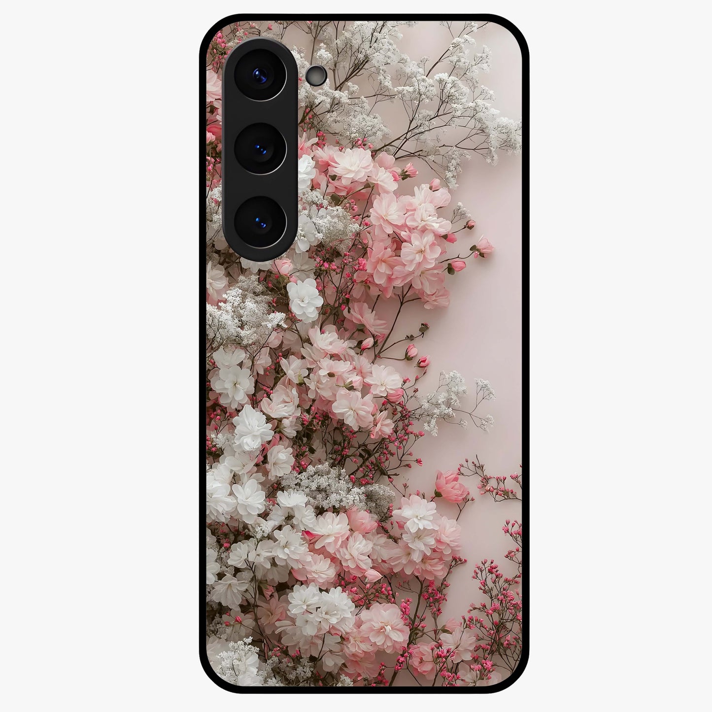 Blush Blossom Cloud Glass Case showing flat back view with dreamy blush cloud blossom artwork and glossy glass finish.