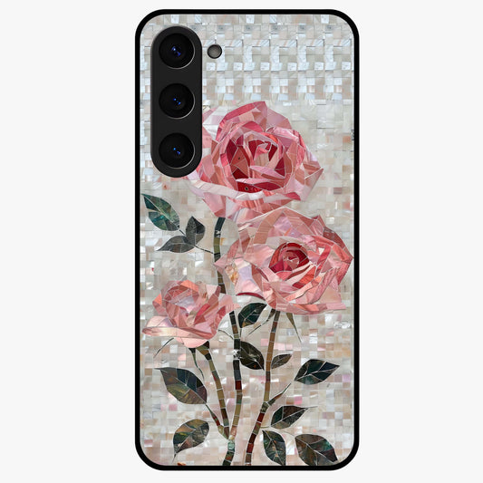 Blush Mosaic Bloom Glass Case showing flat back view with mosaic floral bloom artwork and glossy glass finish.