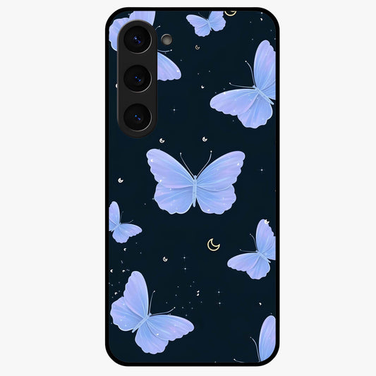 Butterfly With Stars Pattern Glass Case showing flat back view with butterfly and star pattern artwork and glossy glass finish.