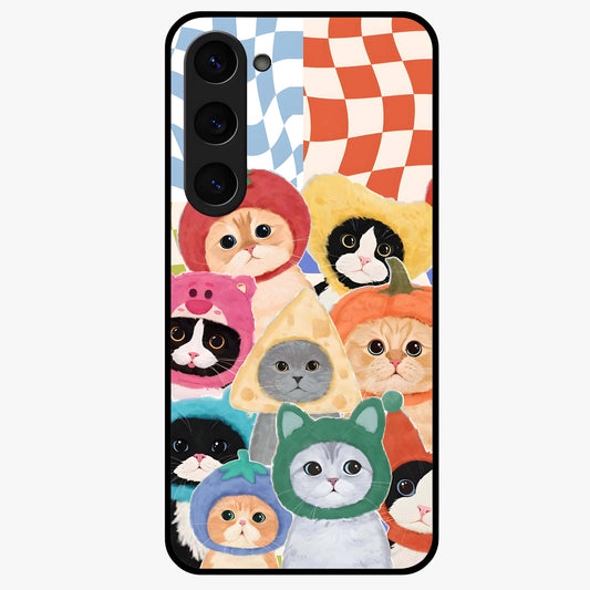 Cats in Fruits Glass Case showing flat back view with playful cat illustrations inside fruit artwork and glossy glass finish.