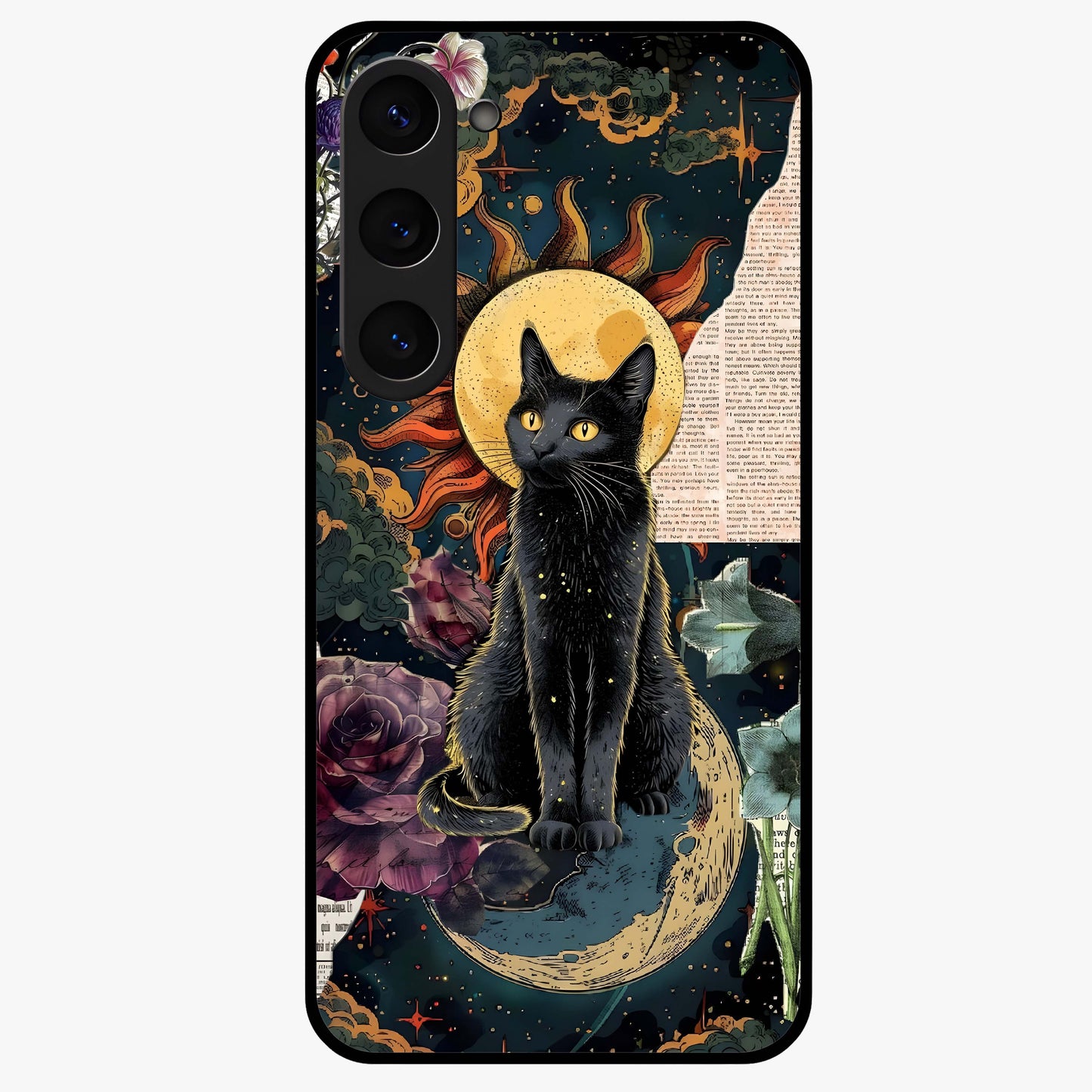 Celestial Black Cat Glass Case showing flat back view with mystical black cat artwork and glossy glass finish.
