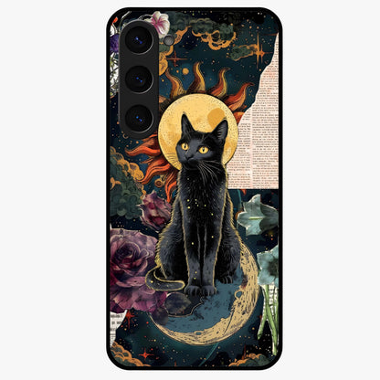 Celestial Black Cat Glass Case showing flat back view with mystical black cat artwork and glossy glass finish.