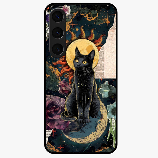 Celestial Black Cat Glass Case showing flat back view with mystical black cat artwork and glossy glass finish.