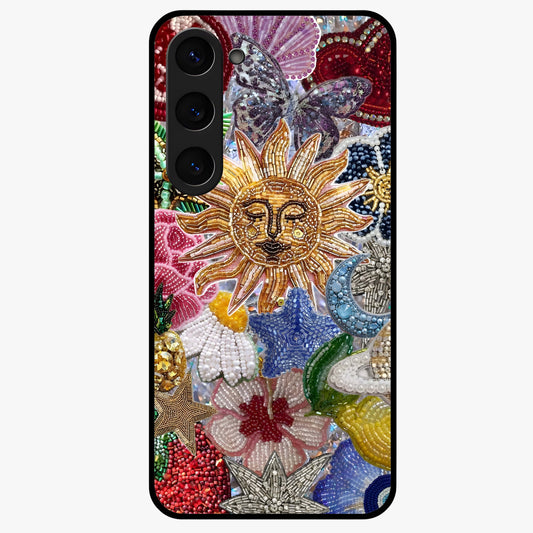 Celestial Floral and Playful Glass Case showing flat back view with floral and celestial themed artwork and glossy glass finish.