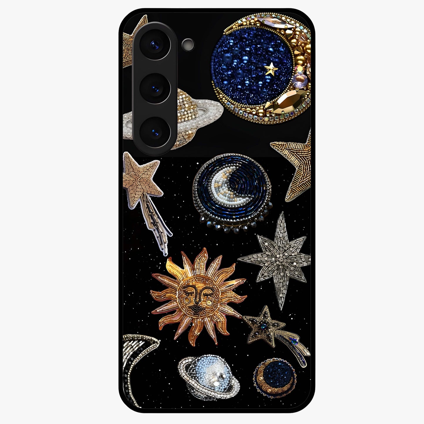 Celestial Gem Constellations Glass Case showing flat back view with sparkling constellation artwork and glossy glass finish.
