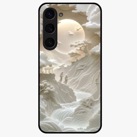 Celestial Origami Glass Case showing flat back view with artistic origami inspired celestial artwork and glossy glass finish.