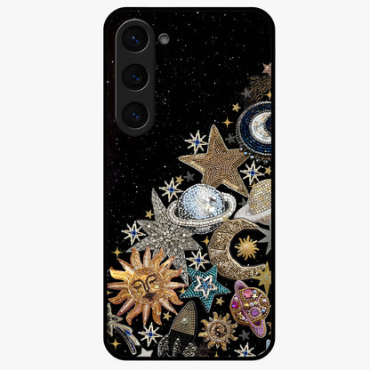 Cosmic Sparkle Dreams Glass Case showing flat back view with sparkling cosmic artwork and glossy glass finish.
