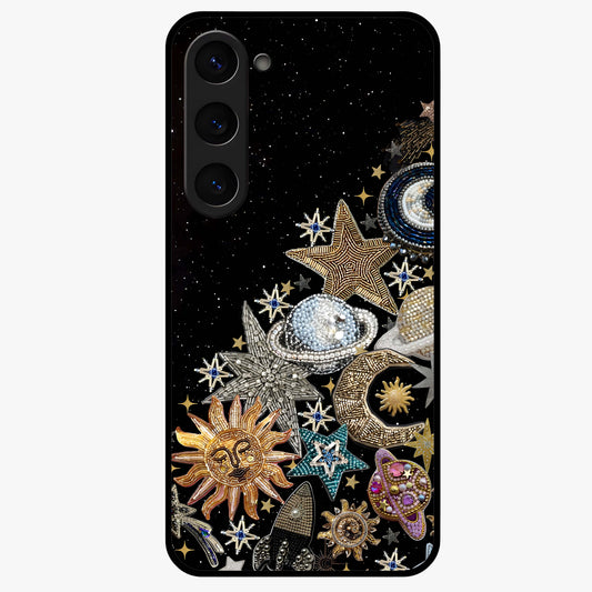 Cosmic Sparkle Dreams Glass Case showing flat back view with sparkling cosmic artwork and glossy glass finish.