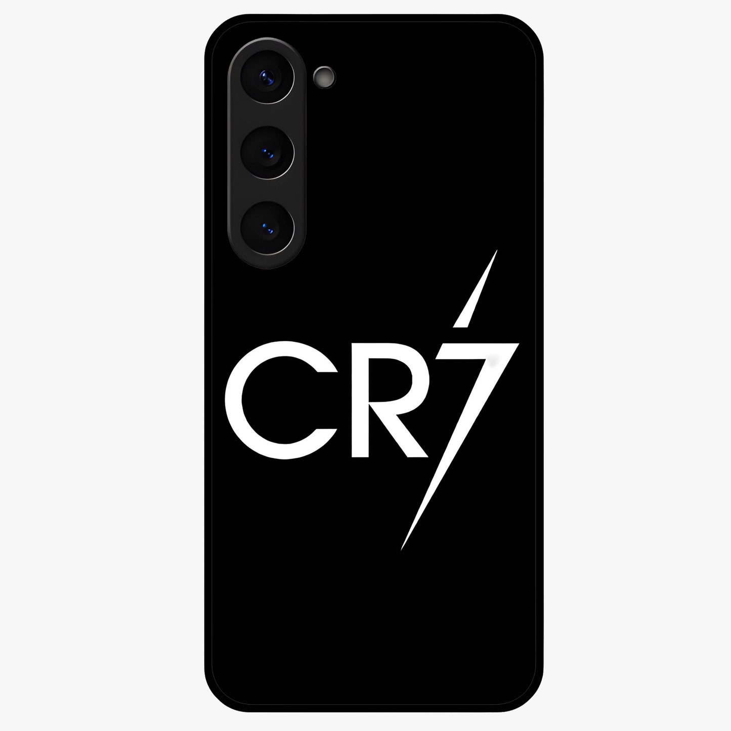 Cr7 Elite Strike Glass Case showing flat back view with dynamic football inspired artwork and glossy glass finish.