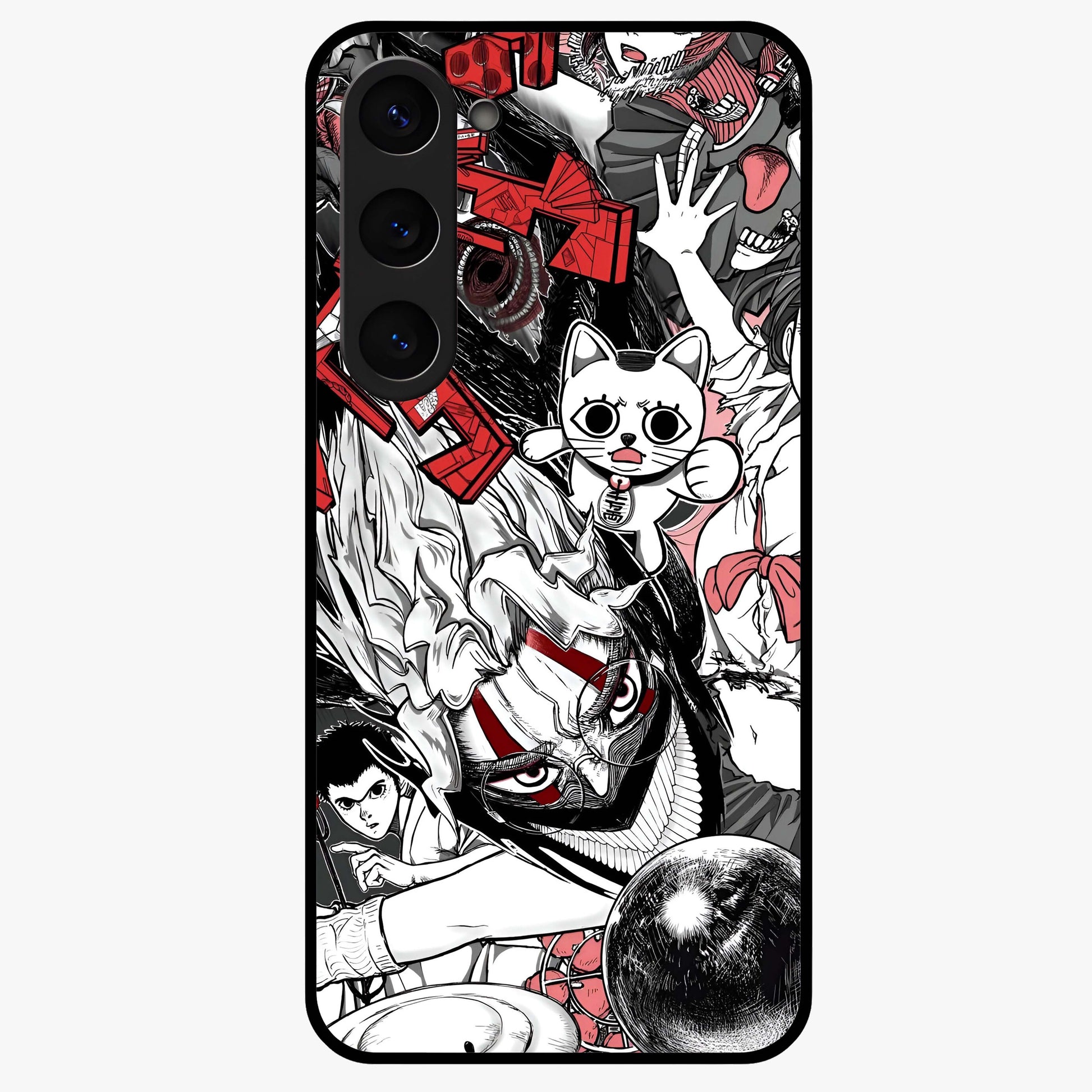Crimson Chaos Panel Glass Case showing flat back view with bold crimson abstract artwork and glossy glass finish.
