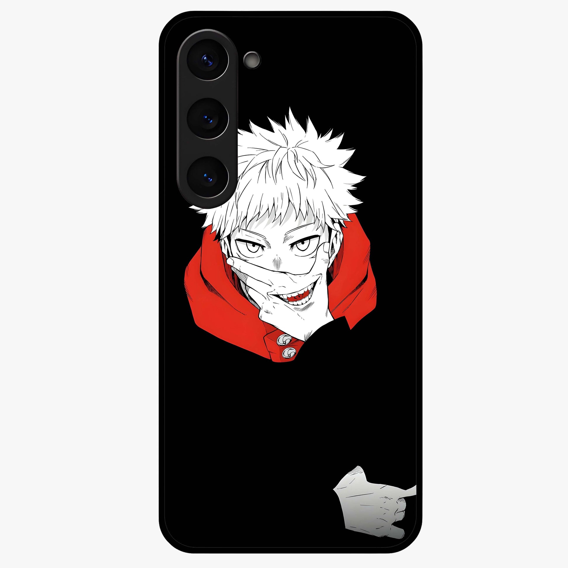 Crimson Chaos Smile Glass Case showing flat back view with bold chaotic smile artwork and glossy glass finish.