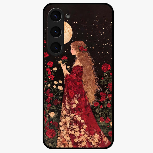 Crimson Dreams Glass Case showing flat back view with dreamy crimson artwork and glossy glass finish.