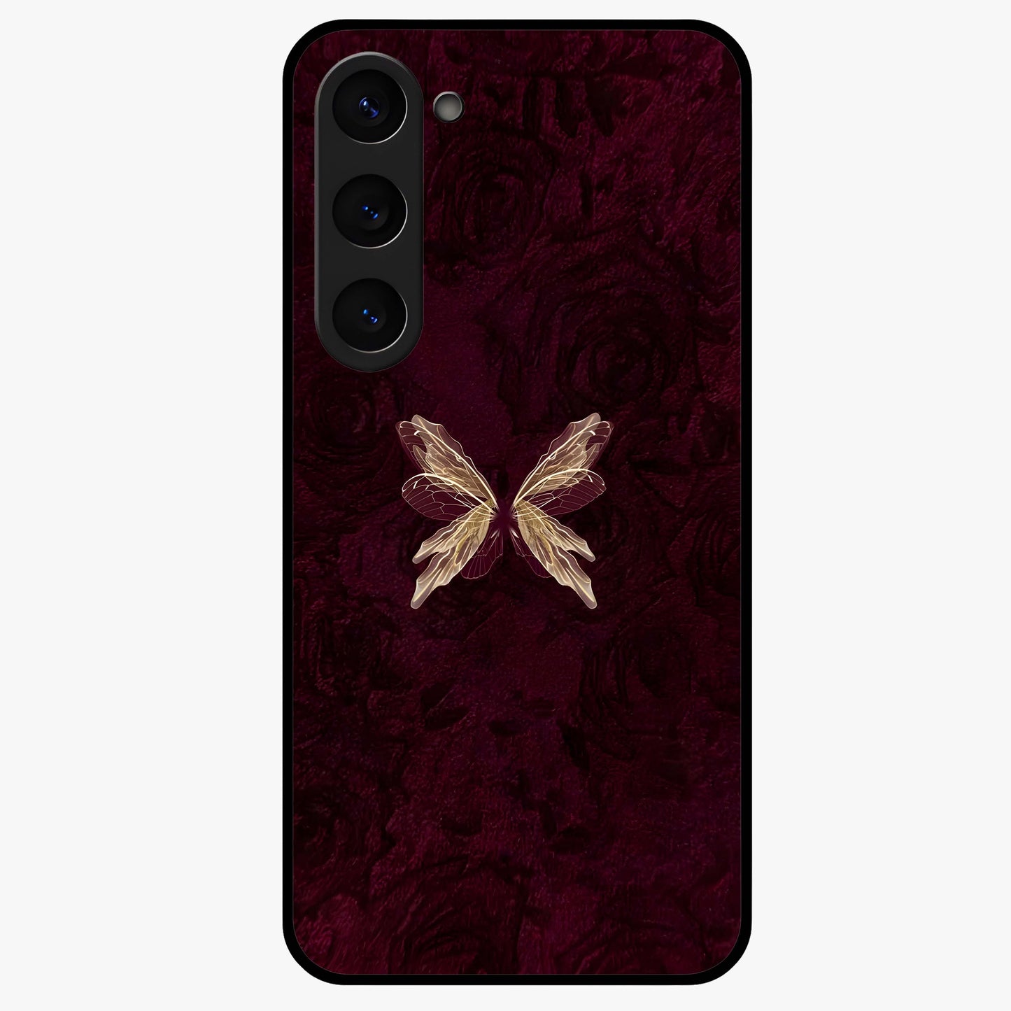 Crimson Fade Butterfly Glass Case showing flat back view with fading butterfly artwork and glossy glass finish.