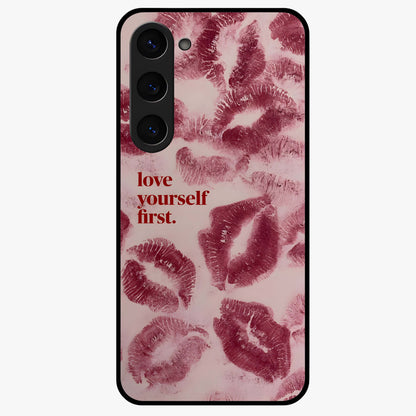Crimson Kiss Love Glass Case showing flat back view with romantic crimson themed artwork and glossy glass finish.
